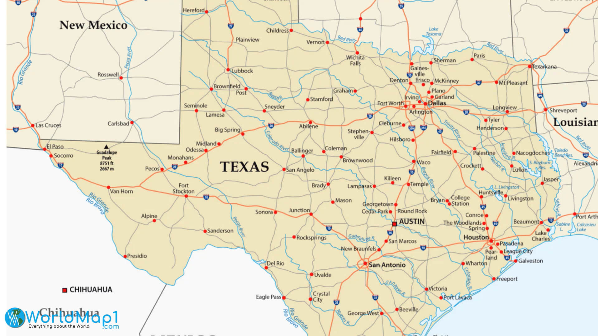 Texas Rivers and Roads Map